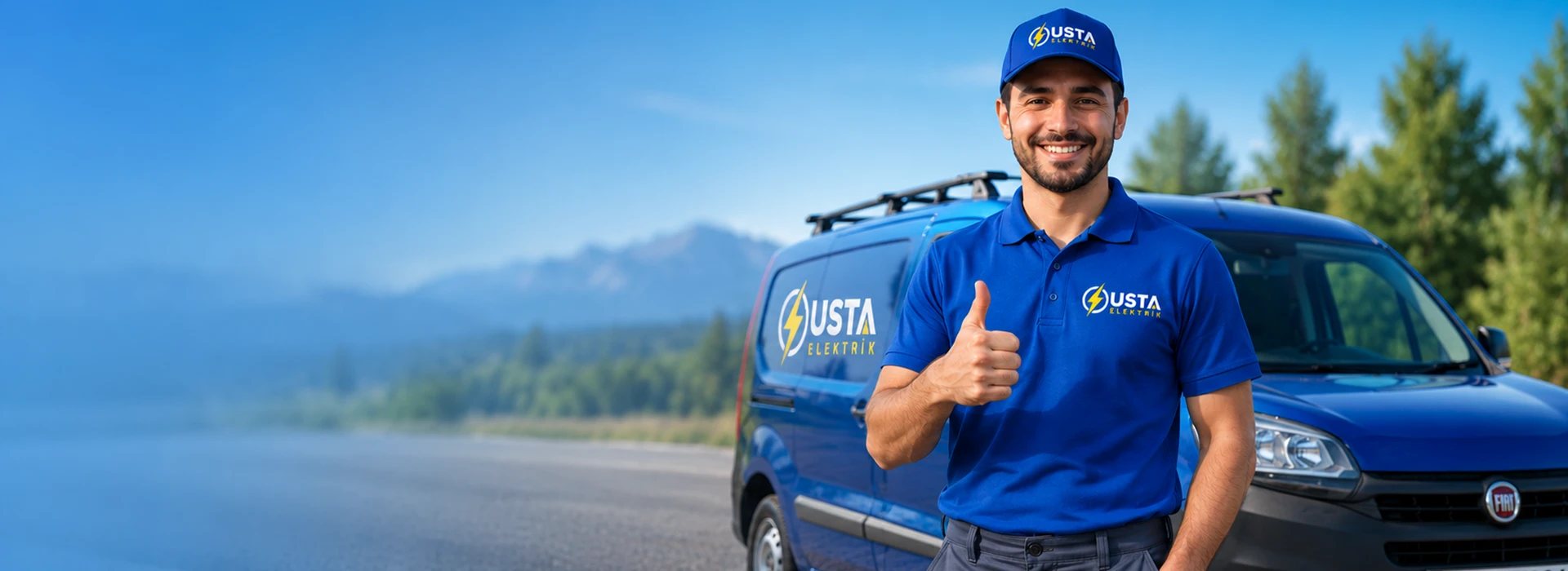 Usta Elektrik servis aracı önünde gülümseyen lisanslı elektrik ustası